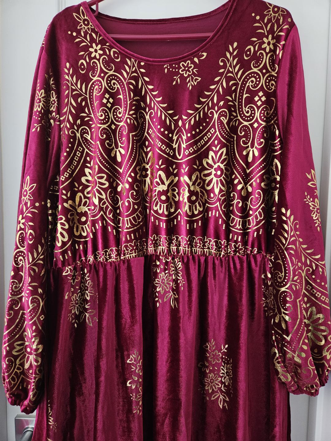 Burgundy Velvet Maxi Dress with Gold Print - photo 3
