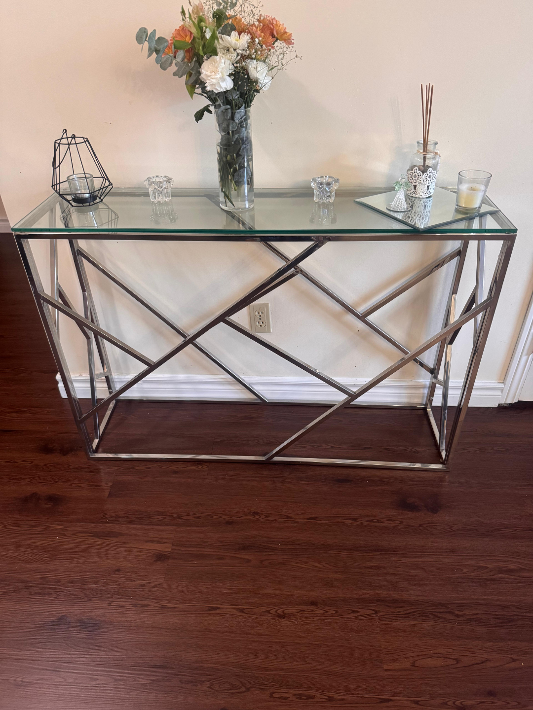 Modern Glass-Top Console Table with Metal Frame