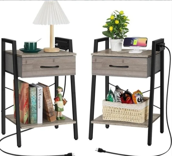 New Grey End Table For Living Room, Bedside With Charge Station thumbnail