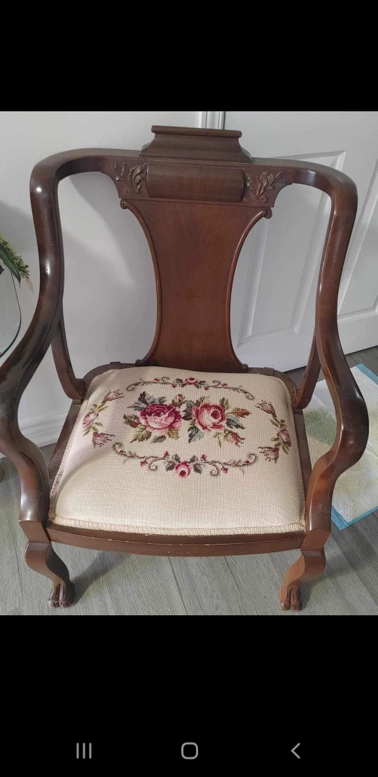 Antique Wooden Armchair with Needlepoint Seat