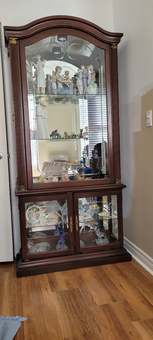 Large Wooden Curio Cabinet with Glass Shelves