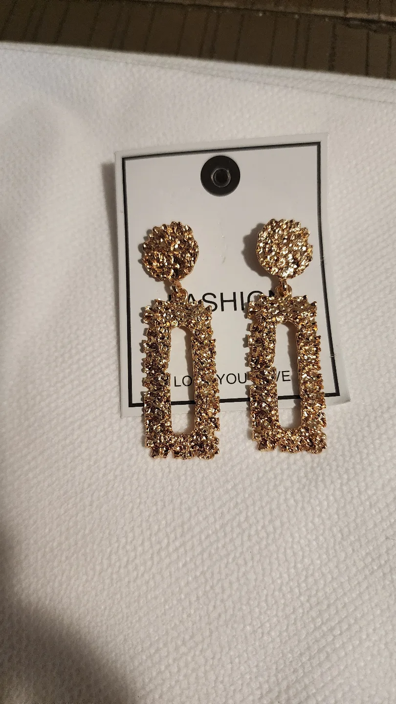 Gold Textured Rectangle Drop Earrings thumbnail