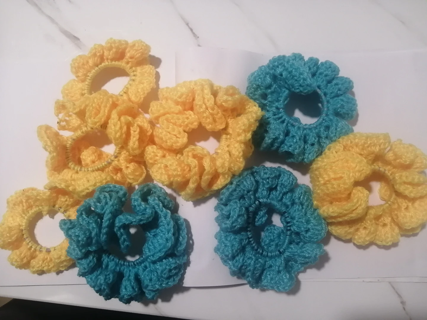 Handmade Crochet Hair Scrunchies - Yellow and Teal