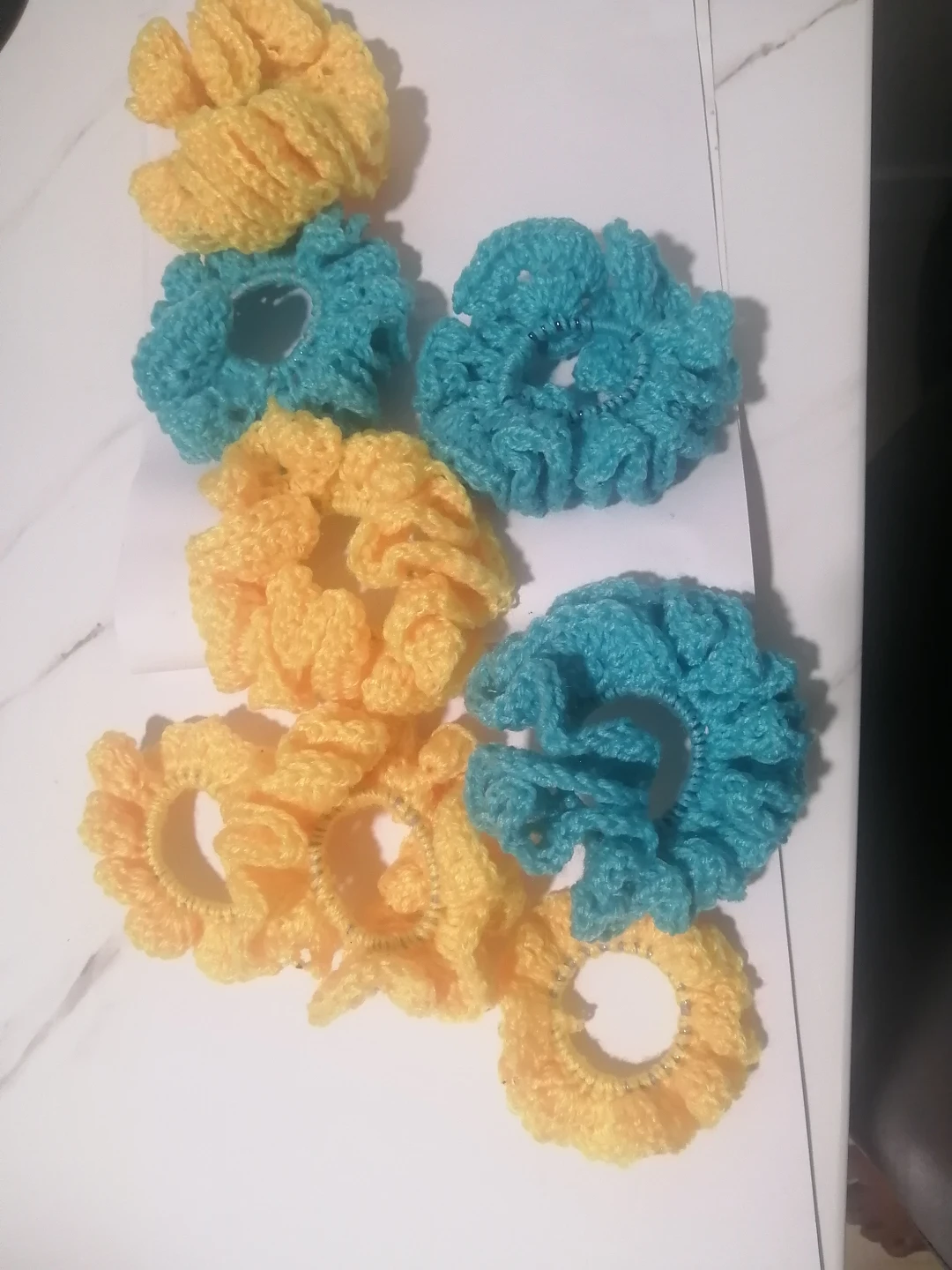Handmade Crochet Hair Scrunchies - Yellow and Teal - photo 2