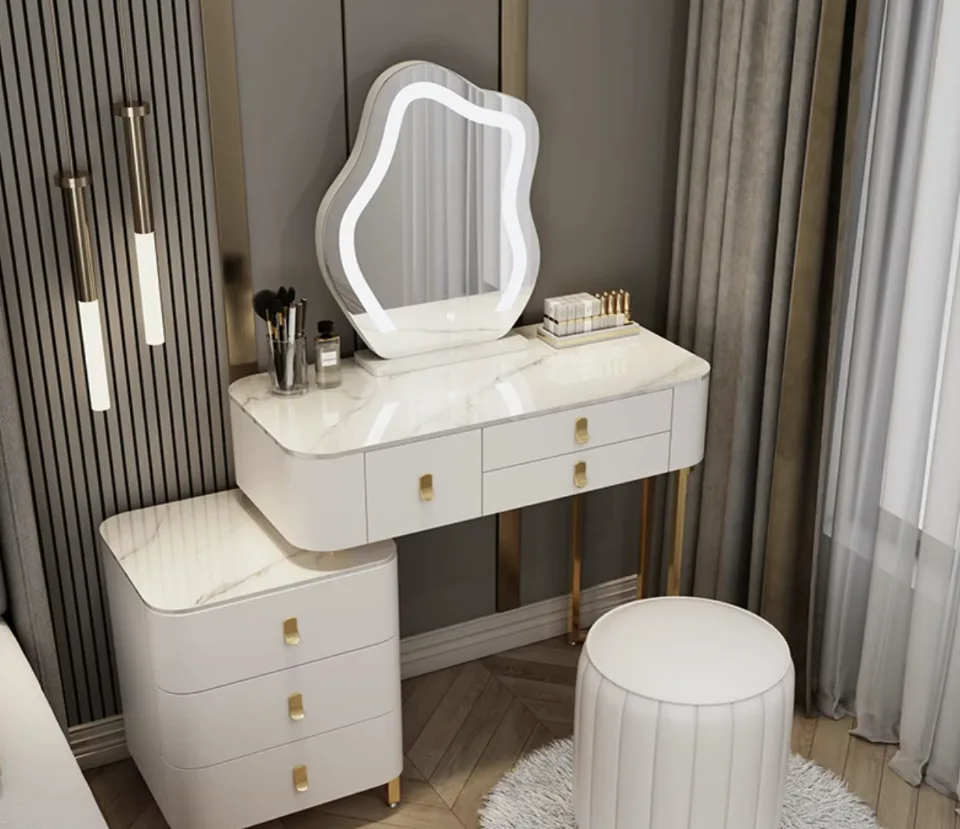Modern White Vanity Set with LED Mirror and Stool thumbnail