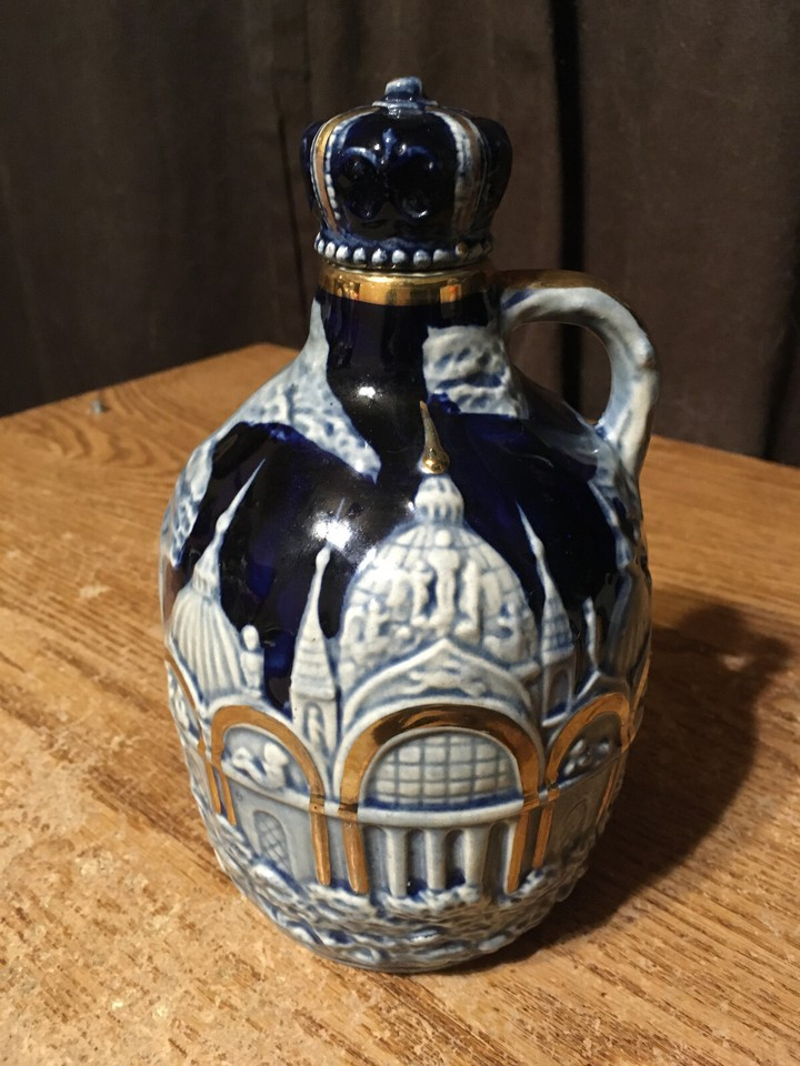 Vintage Blue & White Ceramic Cobalt Liquor Bottle Crown Cork