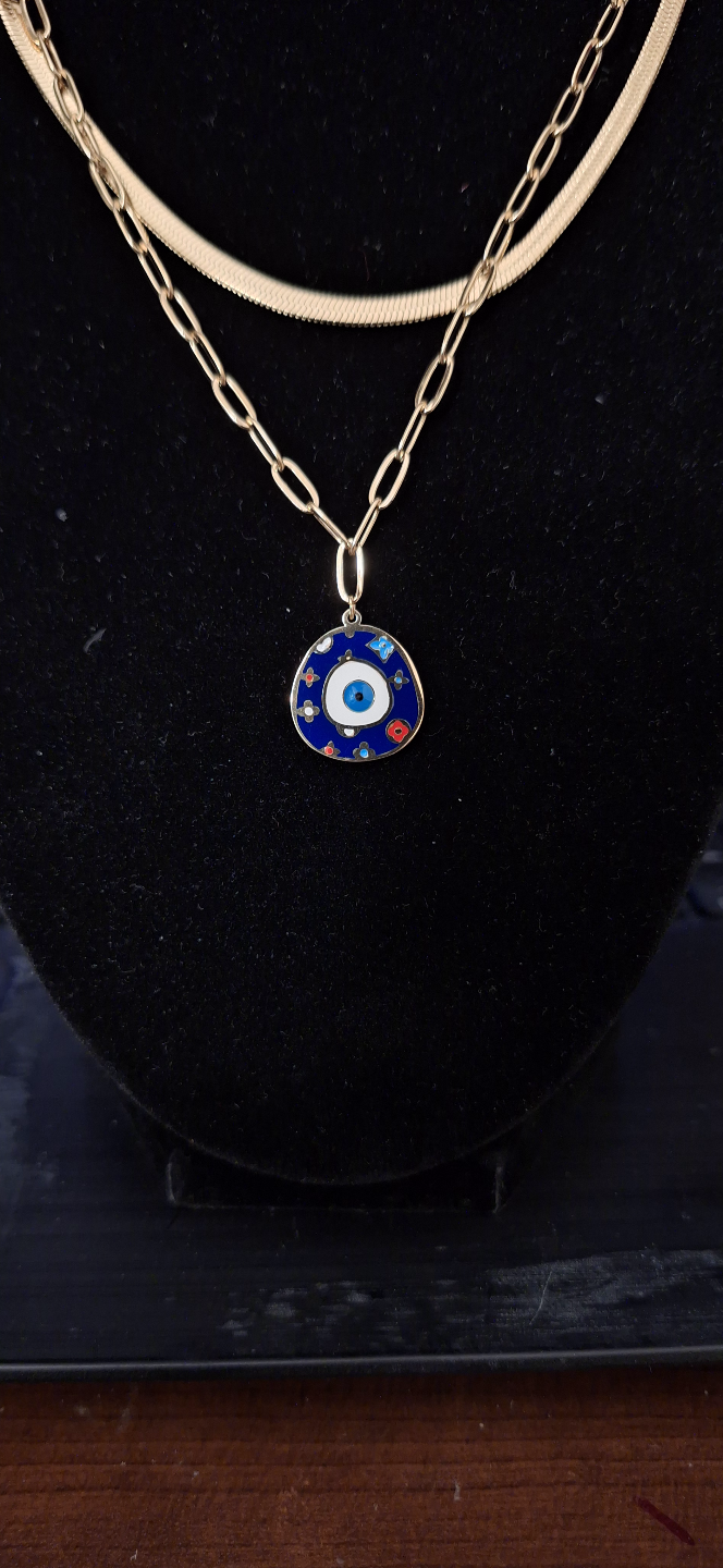 Gold Double Layered Necklace with Evil Eye Pendant anti tarnish - photo 2