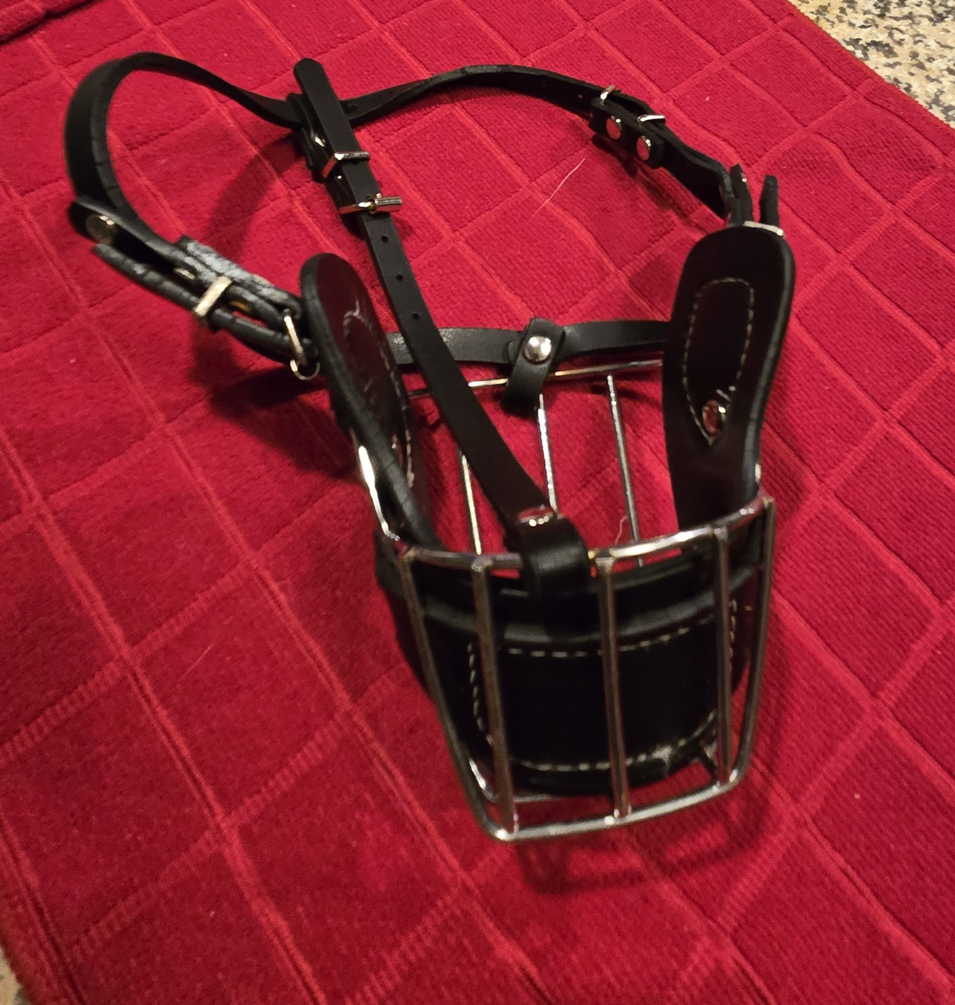 Black Leather Dog Muzzle with Metal Cage