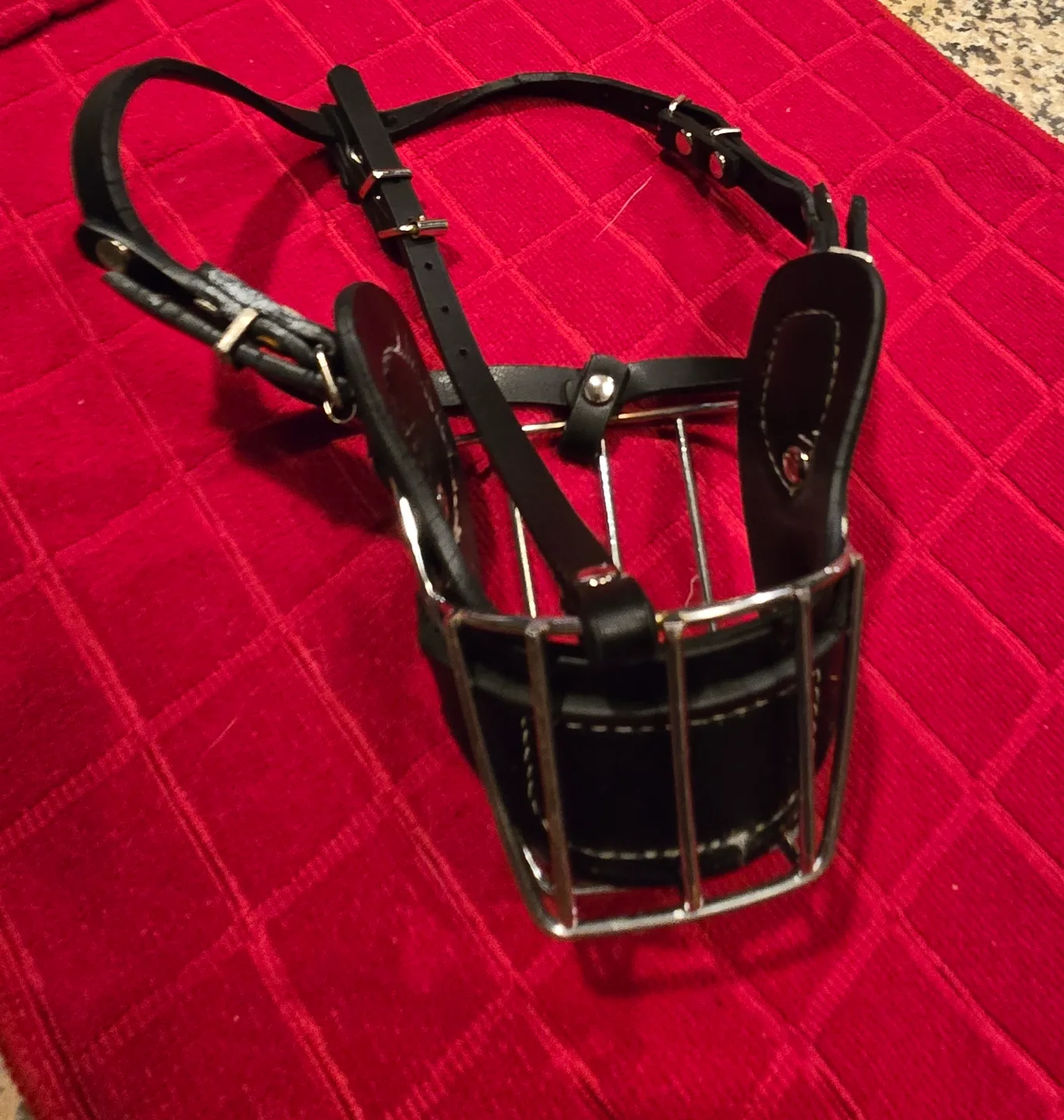 Black Leather Dog Muzzle with Metal Cage thumbnail