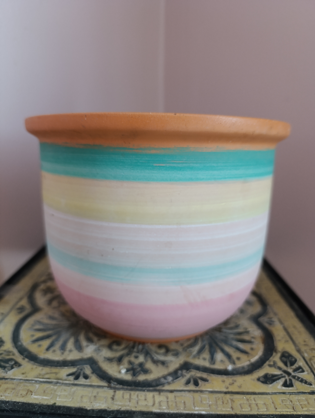 Terracotta Planter Pot with Pastel Rainbow Design