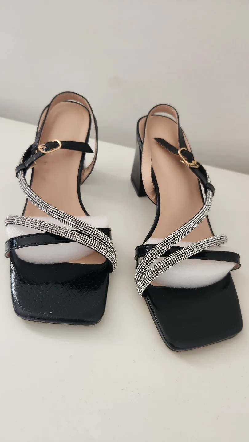 Black Rhinestone Block Heel Sandals thumbnail