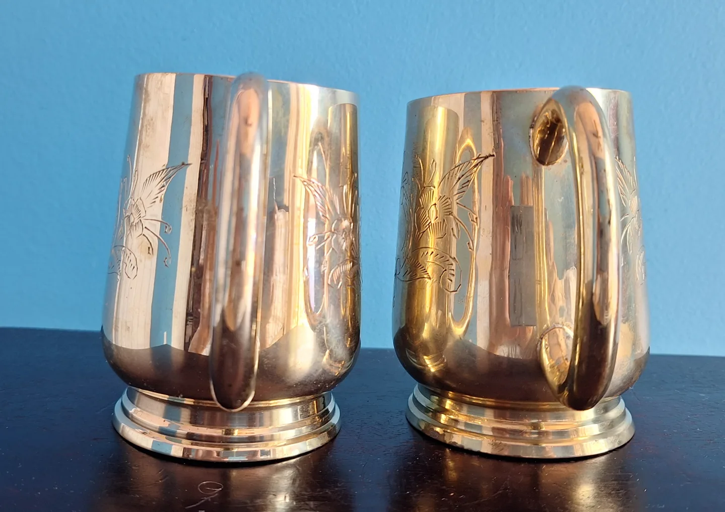 Pair of Vintage Engraved Brass Mugs Cups image indicator(2)