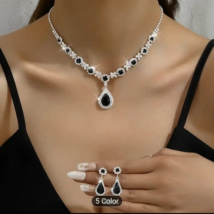 Elegant Black and Silver Rhinestone Necklace and Earring Set