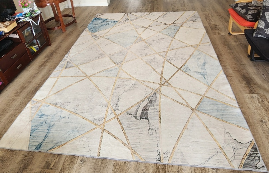 Large Abstract Area Rug, Beige, Blue, Gold Geometric Design - photo 4