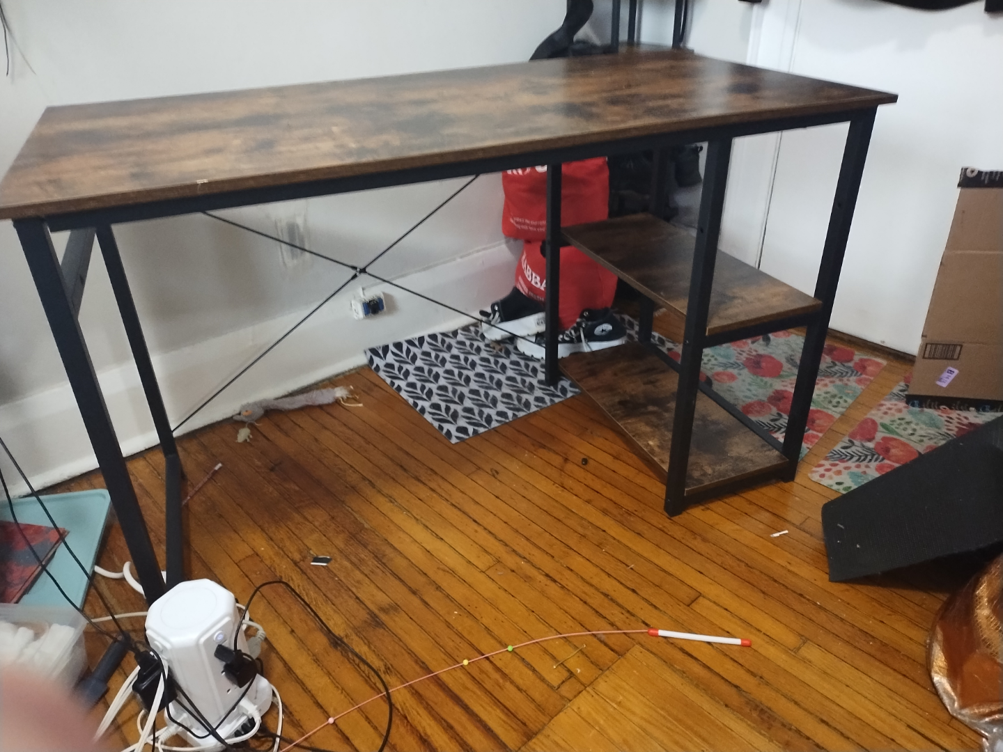 Rustic Brown Computer Desk with Metal Frame and Shelf