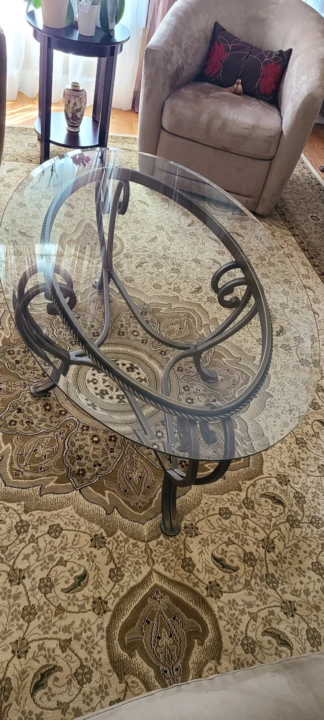 Oval glass-top Coffee Table with Ornate Metal Frame thumbnail