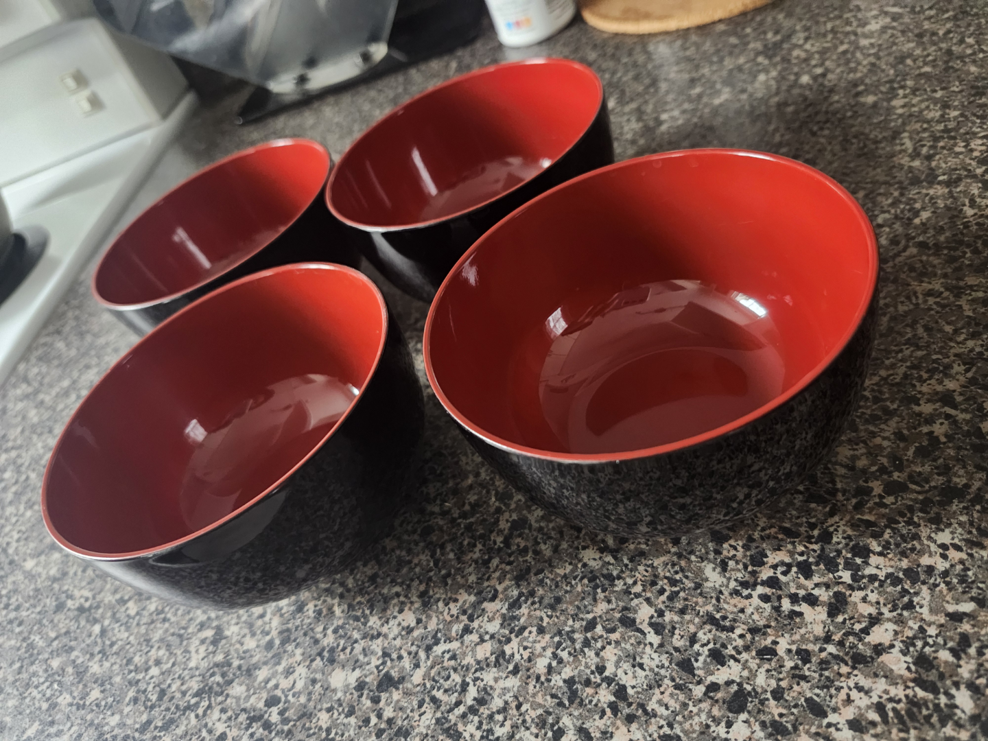 Set of Four Red and Black Bowls