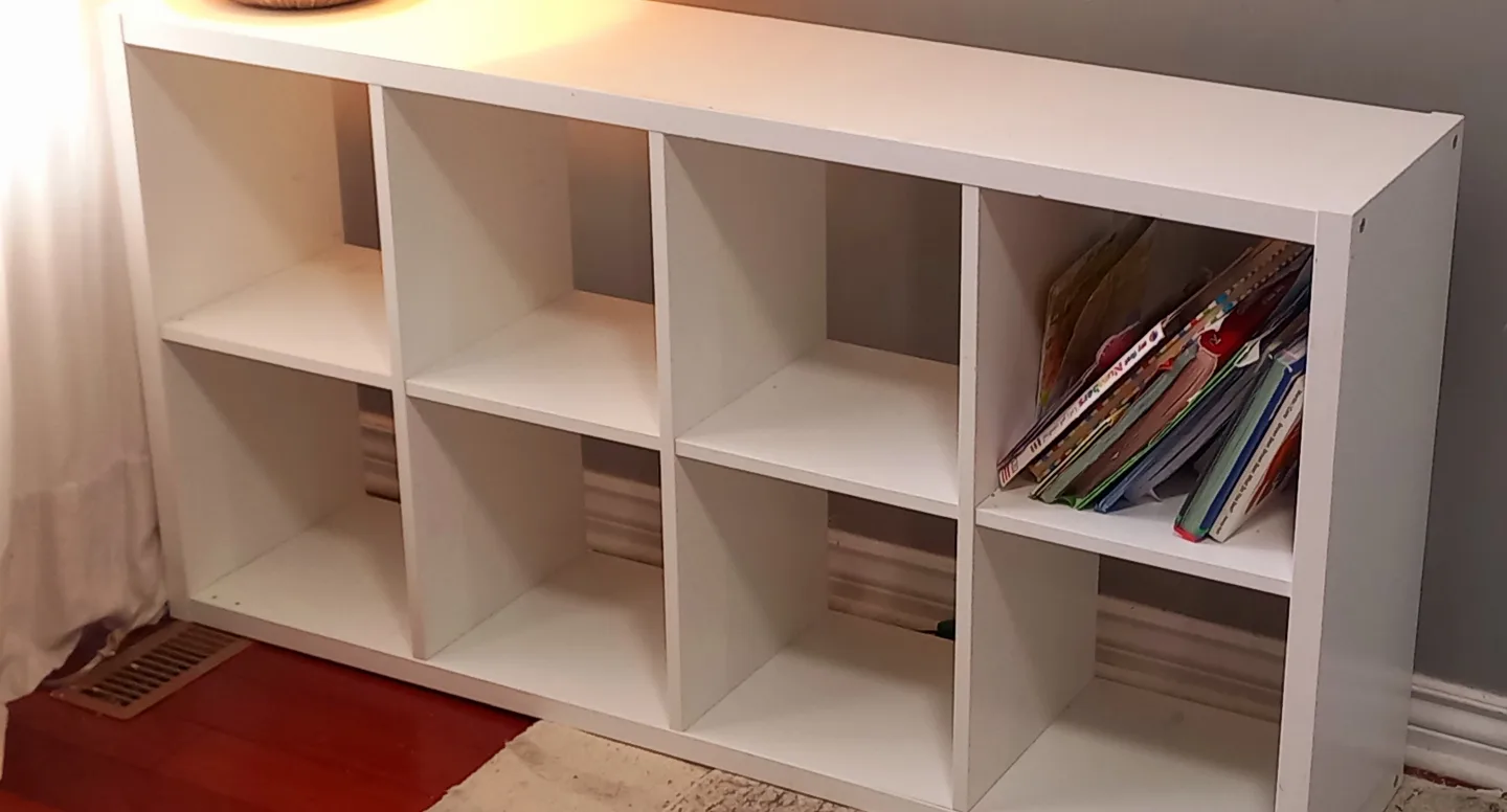 White Cube Storage Organizer with Grey Fabric Bins thumbnail