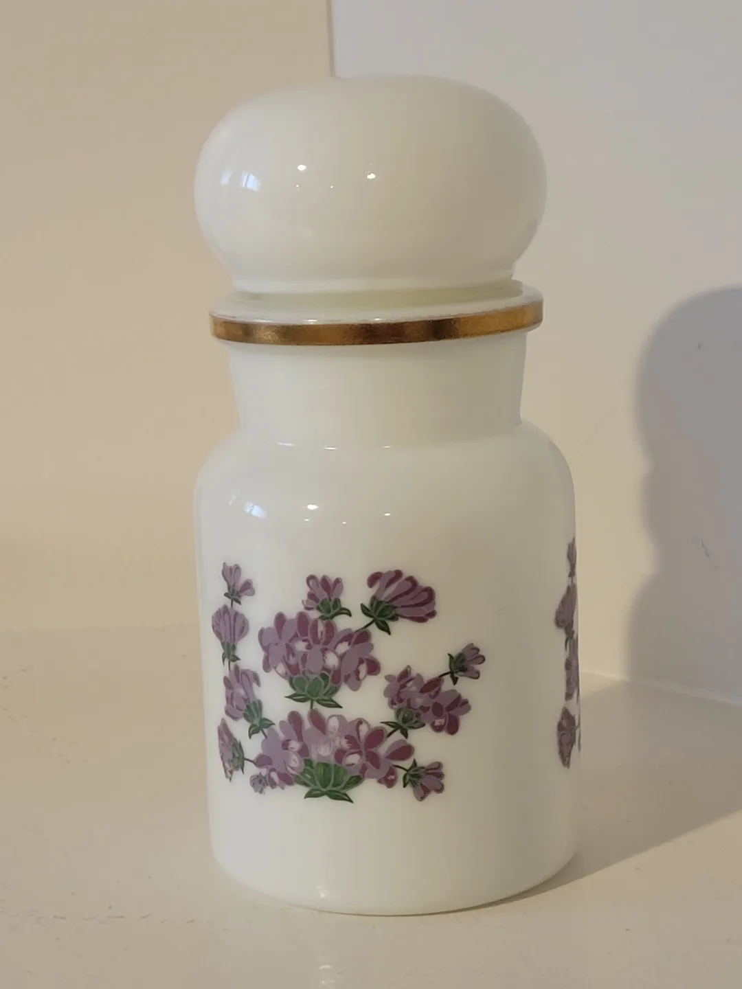Vintage Pair of Milk Glass Jars Apothecary with Floral Designs image indicator(2)