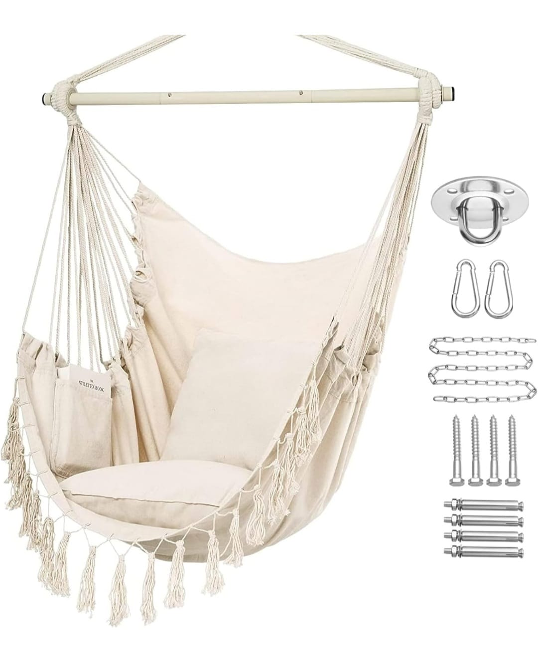 Cream-Colored Cotton Hammock Chair with Tassels