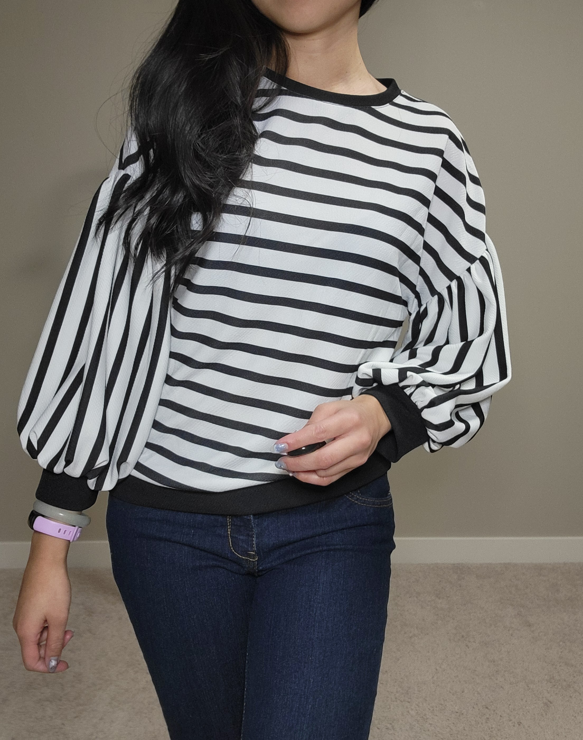Simons Icone Black and White Striped Puff Sleeve Crop Top - photo 2