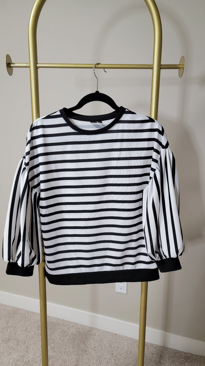 Simons Icone Black and White Striped Puff Sleeve Crop Top - photo 3