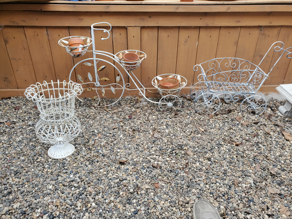 Set of 3 White Metal Planters: Wagon, Bicycle, and Urn