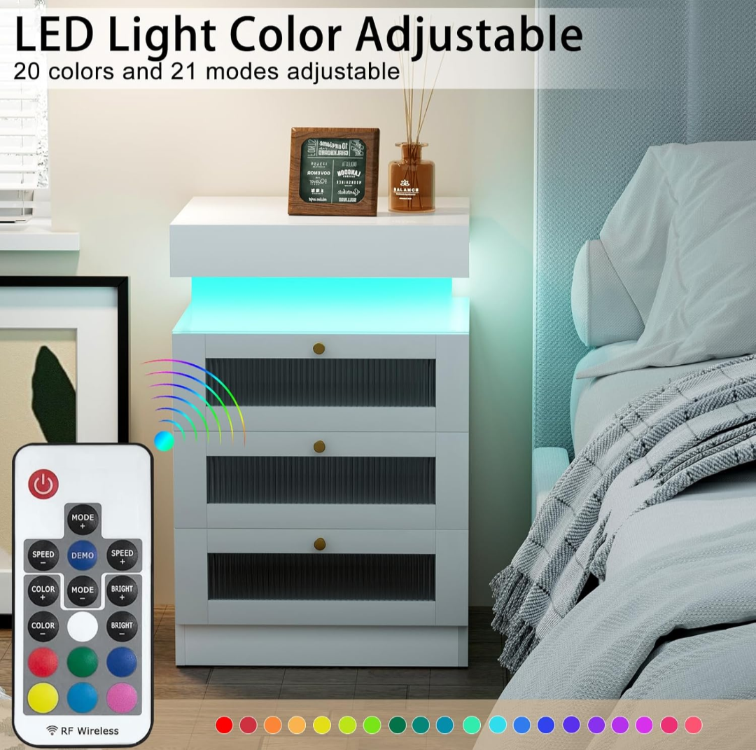 2 White 3-Drawer Nightstand with LED Light - photo 4