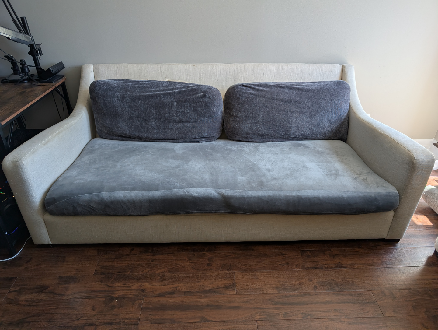 Crate and Barrel Cream Sofa with Grey Cushion Covers - photo 2