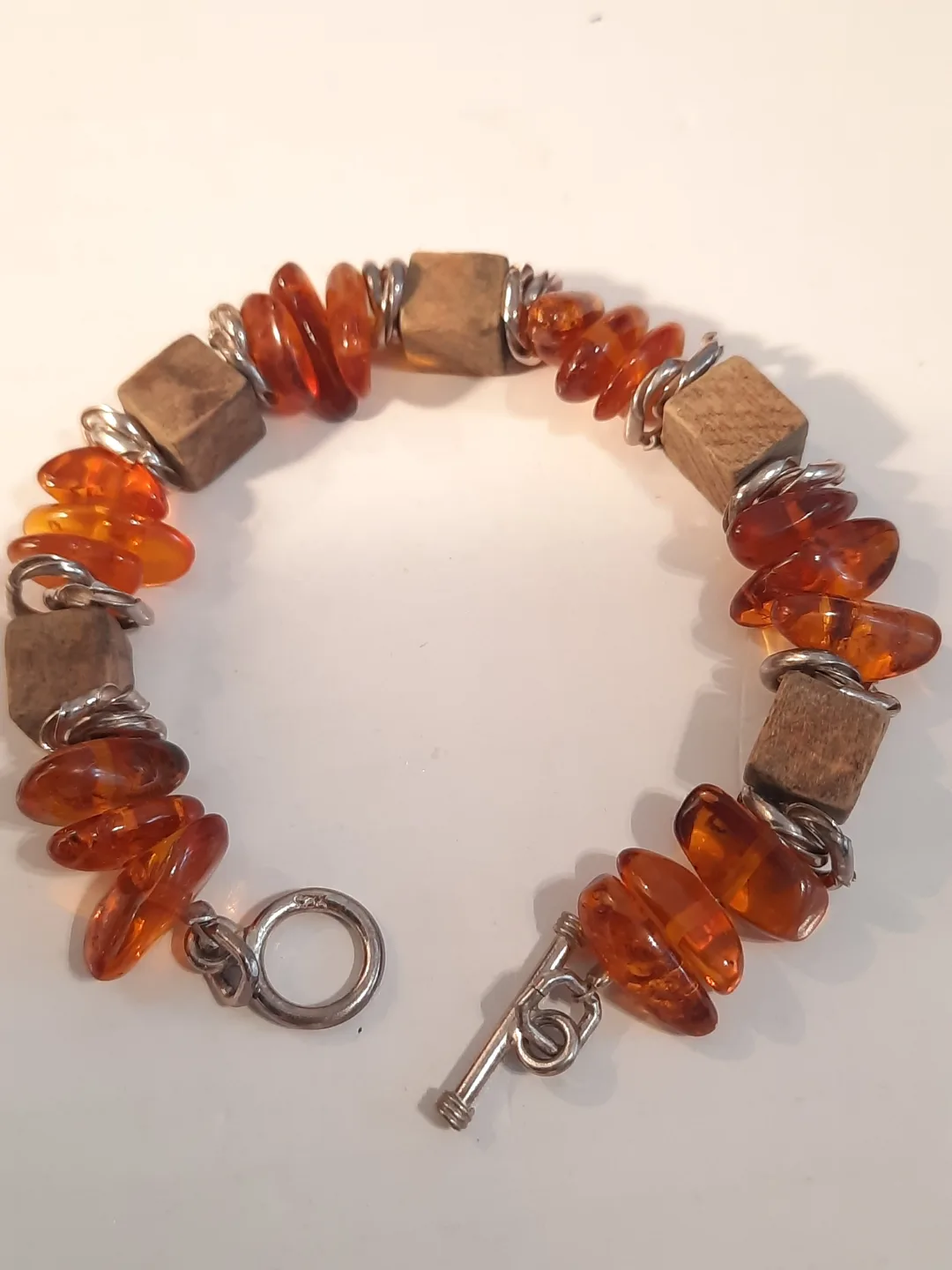 Amber and Wood Beaded Bracelet with Sterling Silver Clasp thumbnail