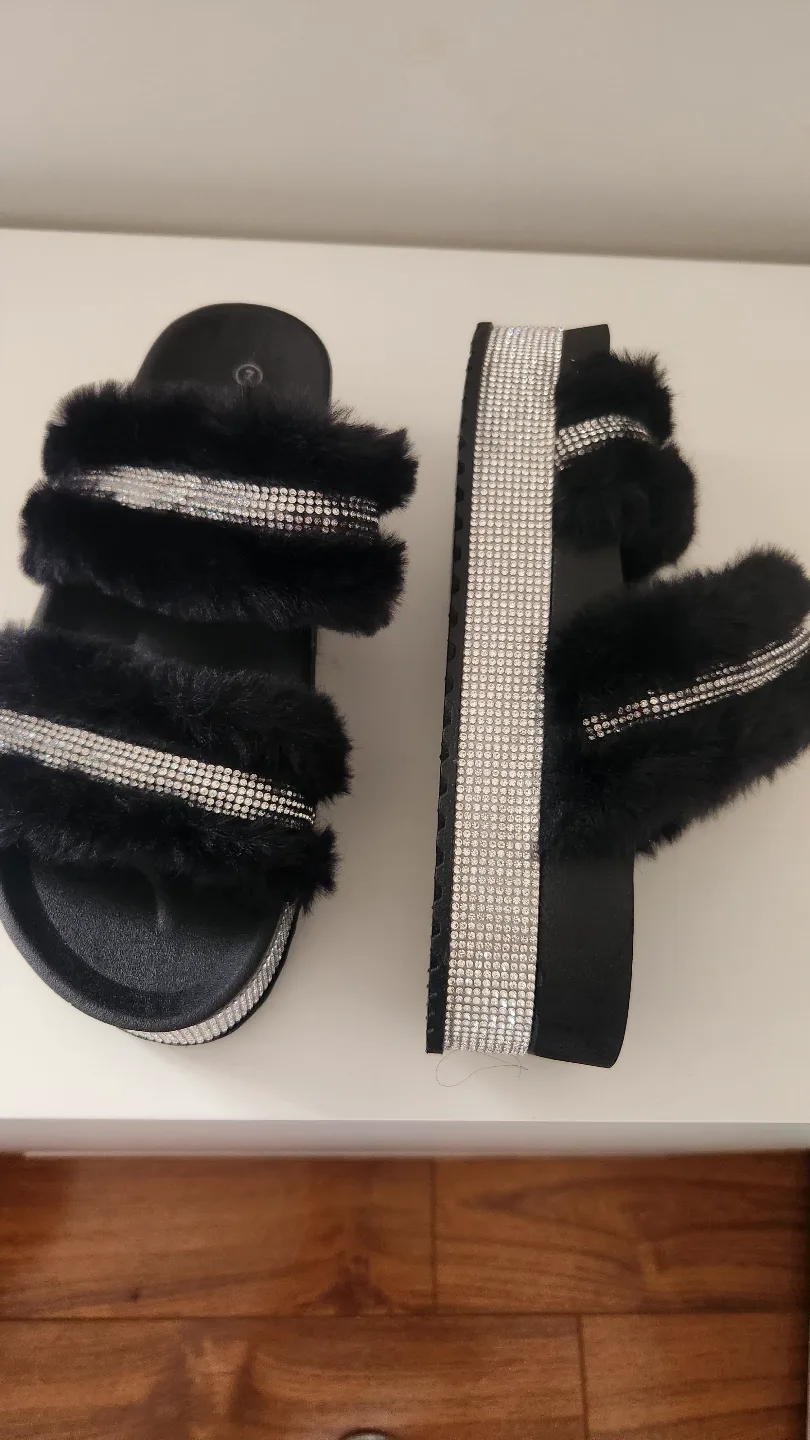 Black Fluffy Platform Slides with Rhinestones thumbnail