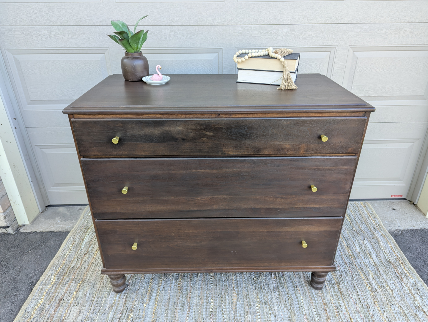 Newly refinished three drawer wood dresser
