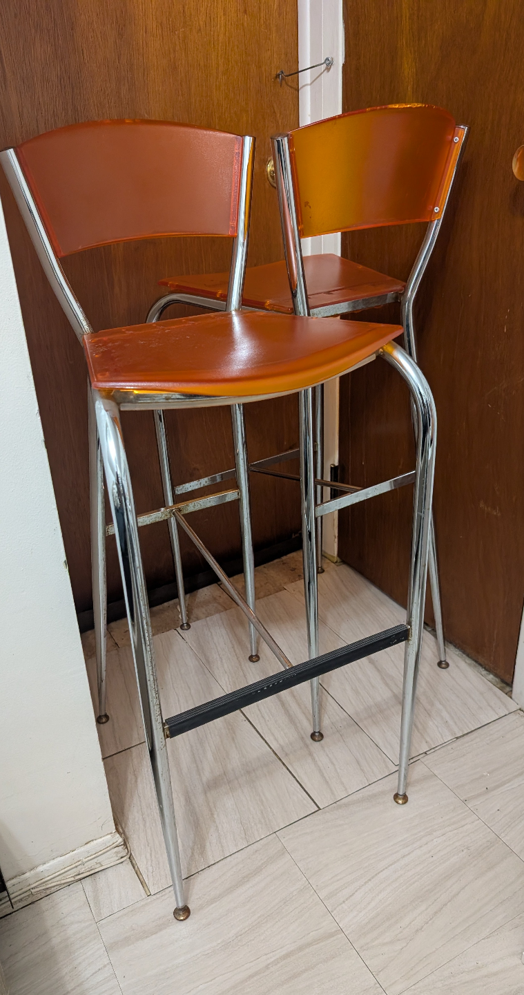 Pair of Orange Acrylic Counter Height Bar Stools