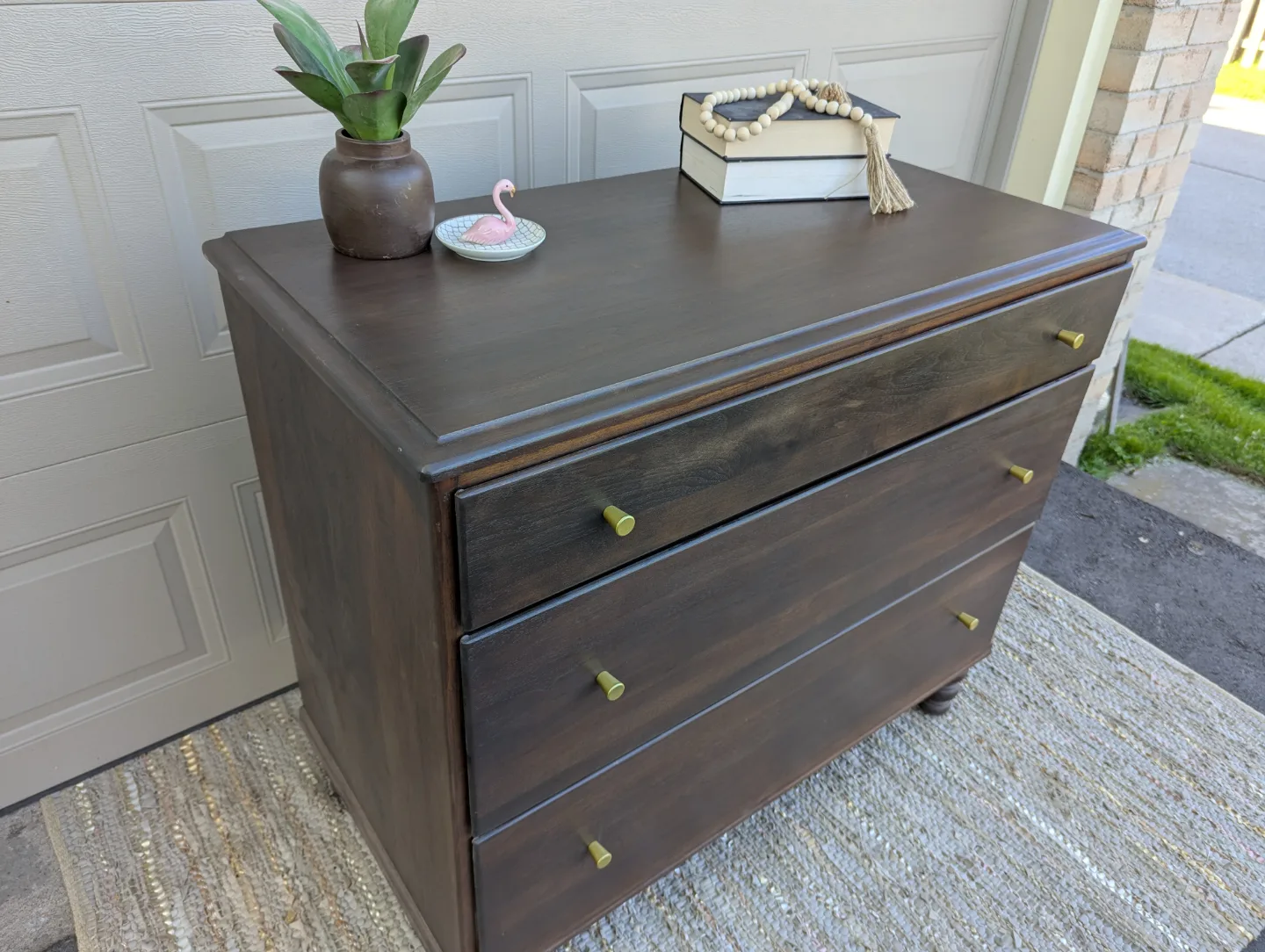 Newly refinished three drawer wood dresser image indicator(4)