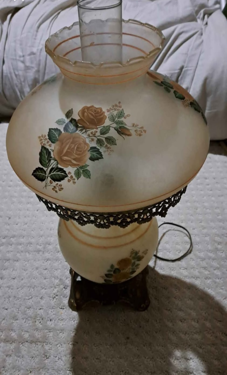Large Floral Milk Glass Lamp, Mid Century Rose Glass