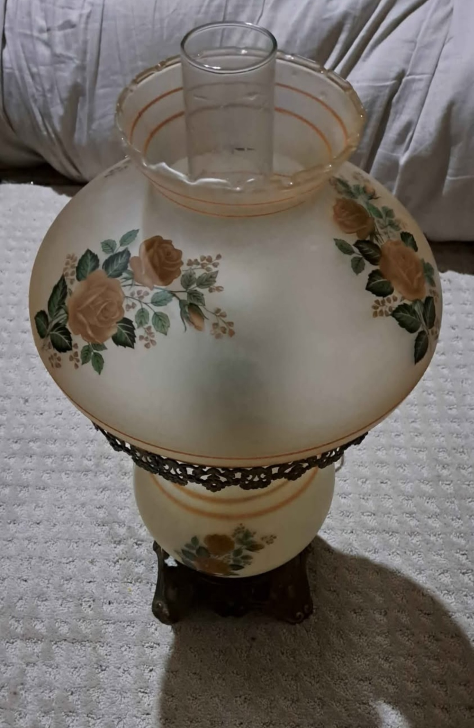Large Floral Milk Glass Lamp, Mid Century Rose Glass - photo 2