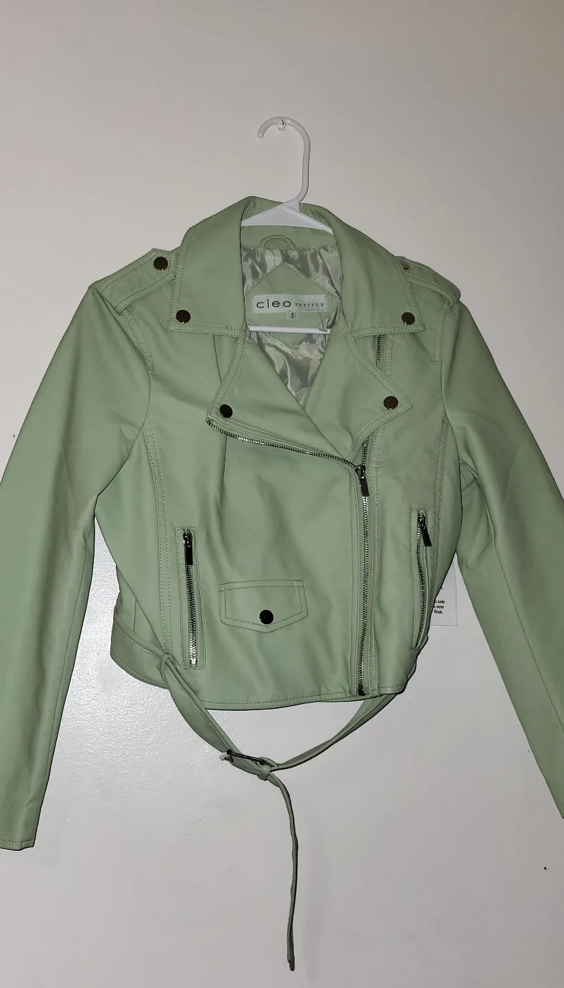 Cleo Petite Women's Green Faux Leather Moto Jacket - Size M image indicator(6)