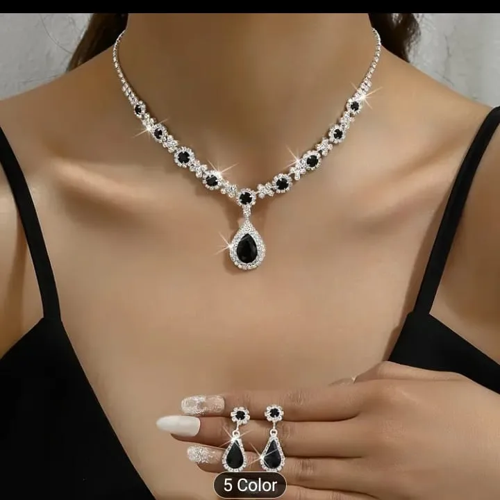 Elegant Black and Silver Rhinestone Necklace and Earrings Set thumbnail