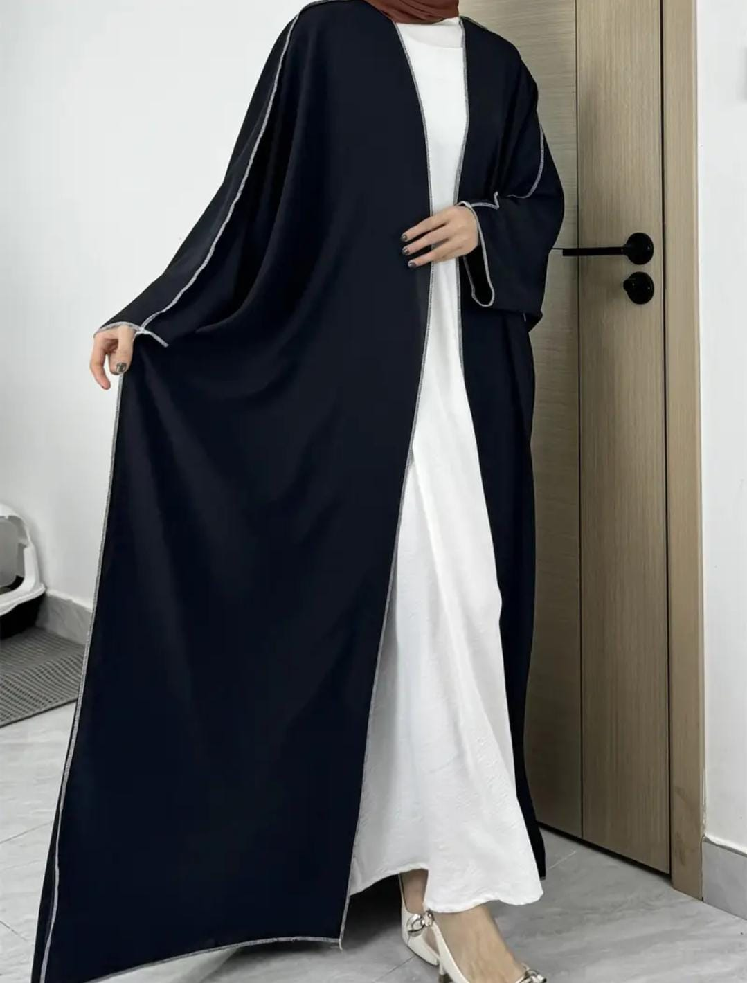 Elegant Black Abaya with Silver Detailing