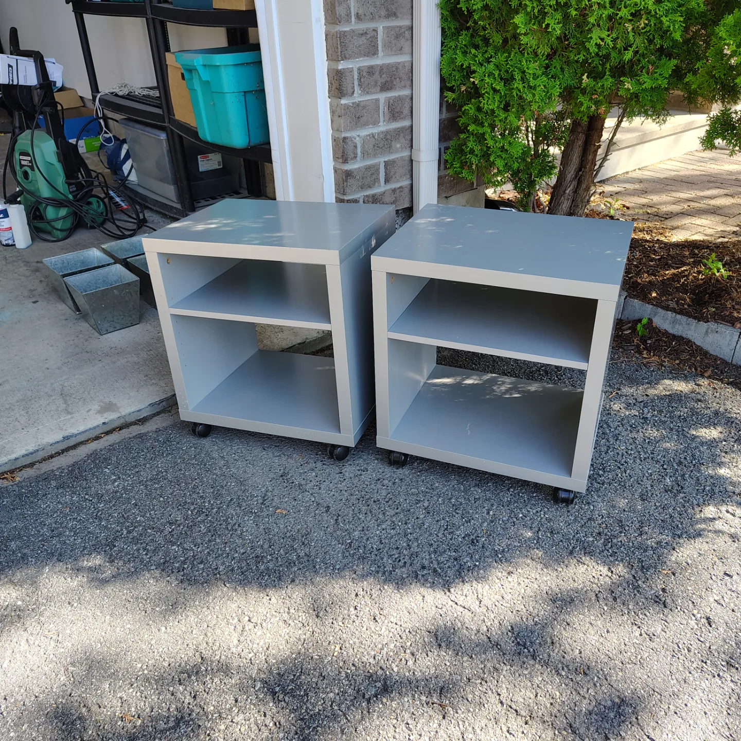 Pair of Grey Mobile Shelving Units thumbnail