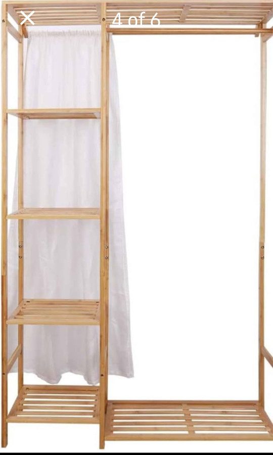 Bamboo Wooden Clothing Rack with Shelves and Curtain