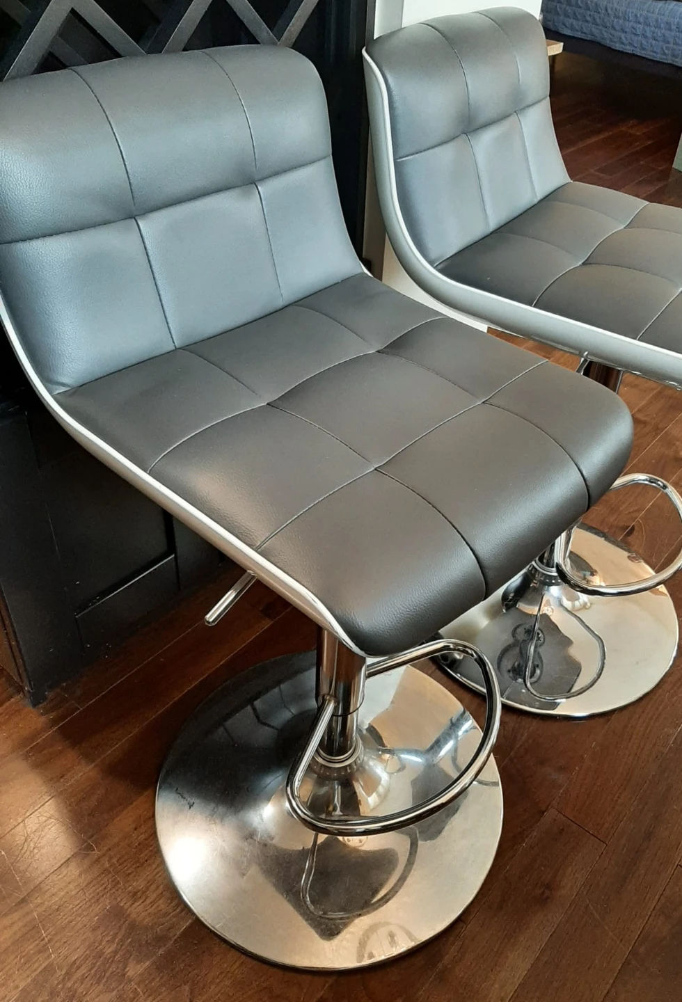 Pair of Grey and Chrome Swivel Bar Stools