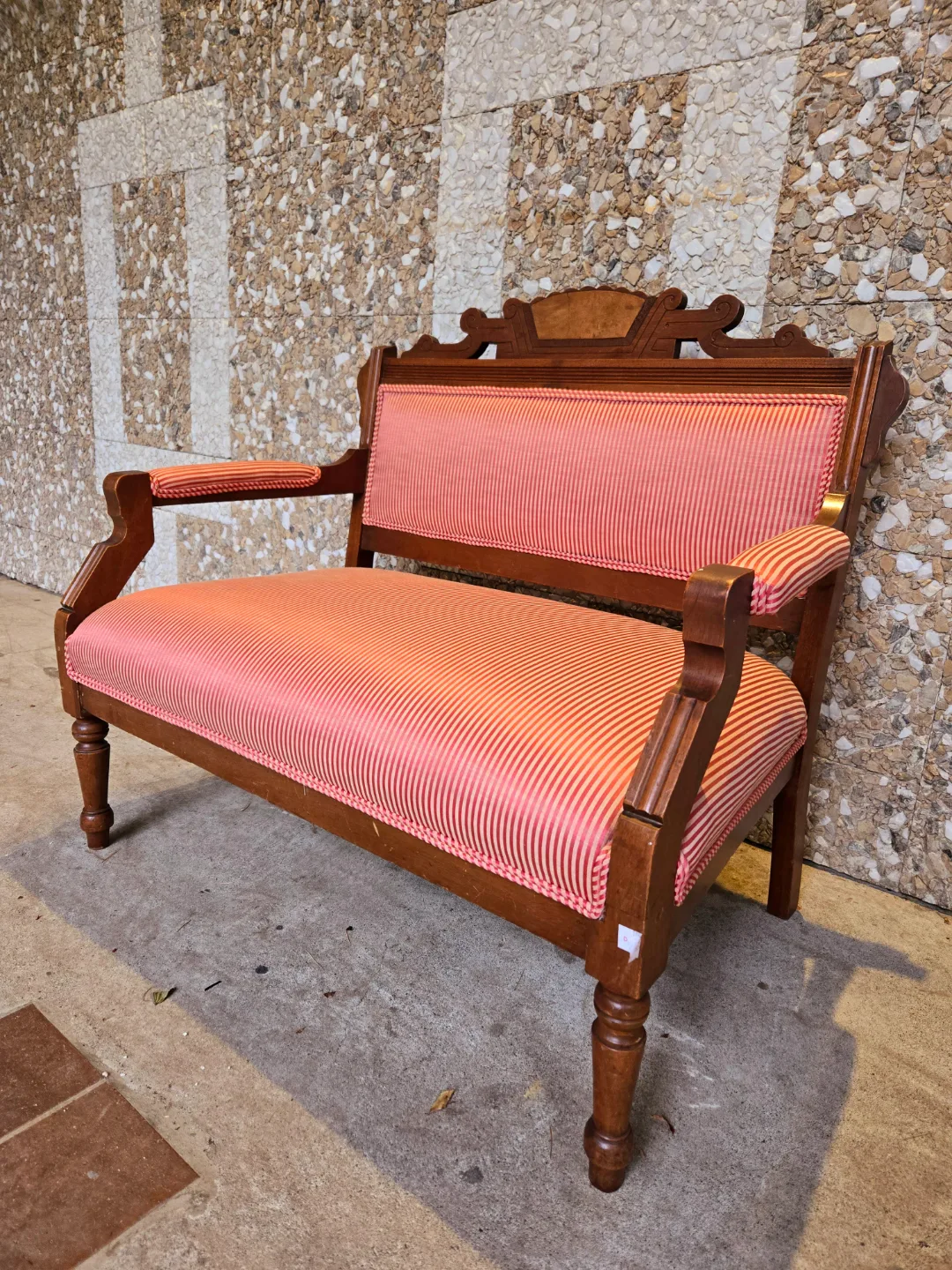 Antique Reupholstered Pin Strip Setee Couch With Mahogany Frame thumbnail