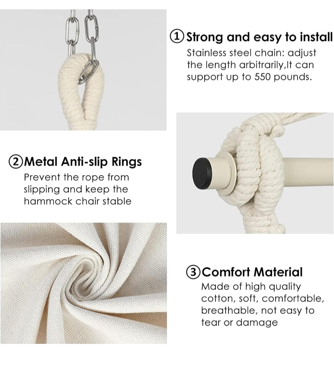 Cream Hanging Hammock Chair with Pillow and Tassels - photo 5