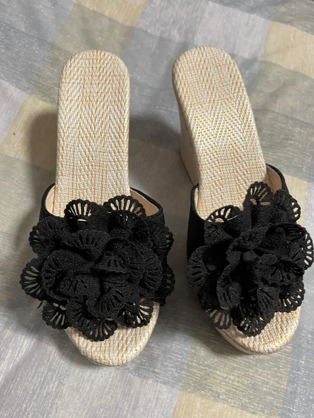 Black Floral Wedge Sandals - Size 38 thumbnail