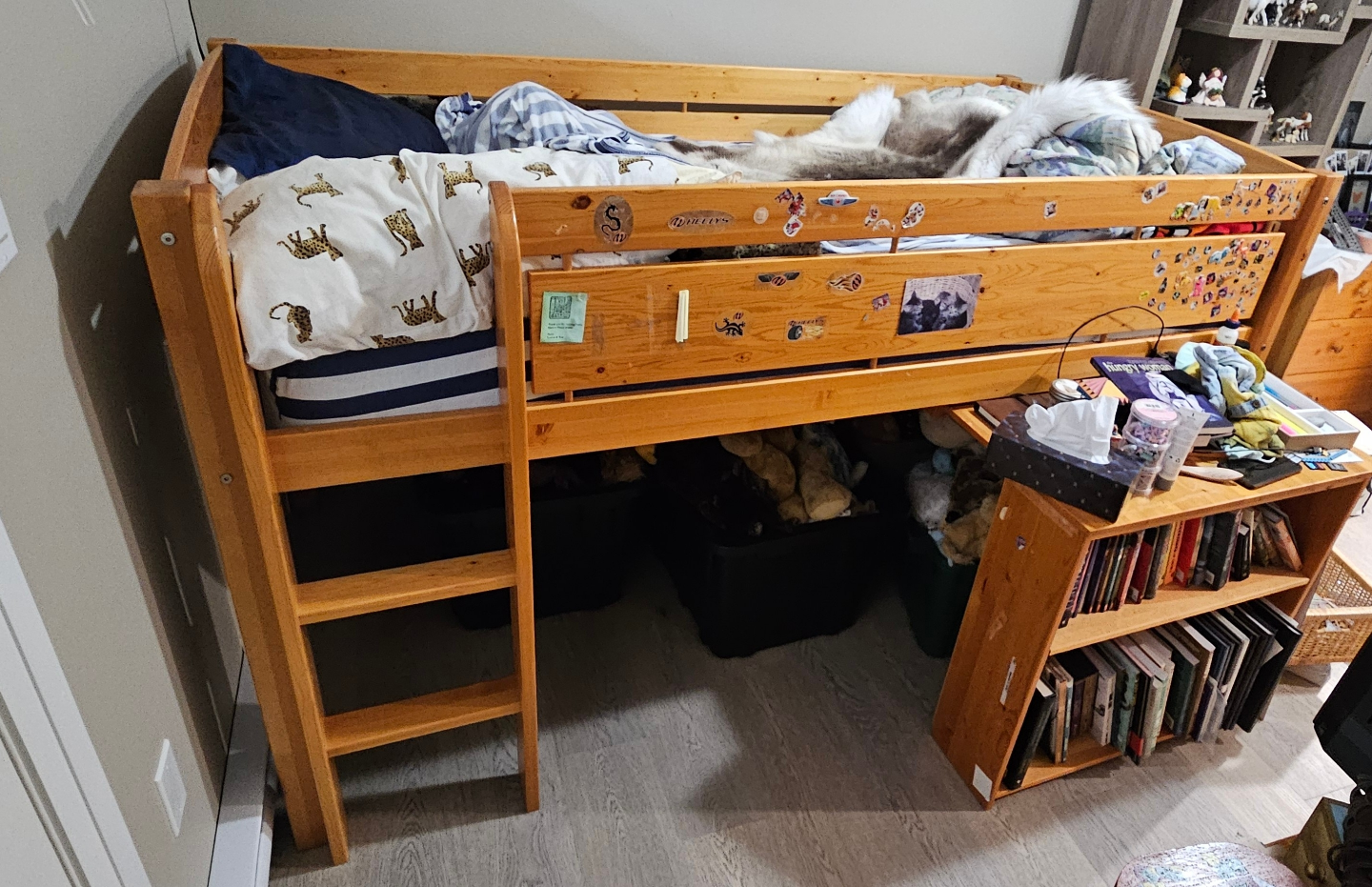 Kids' Low Loft Bed with Built-in Bookshelf