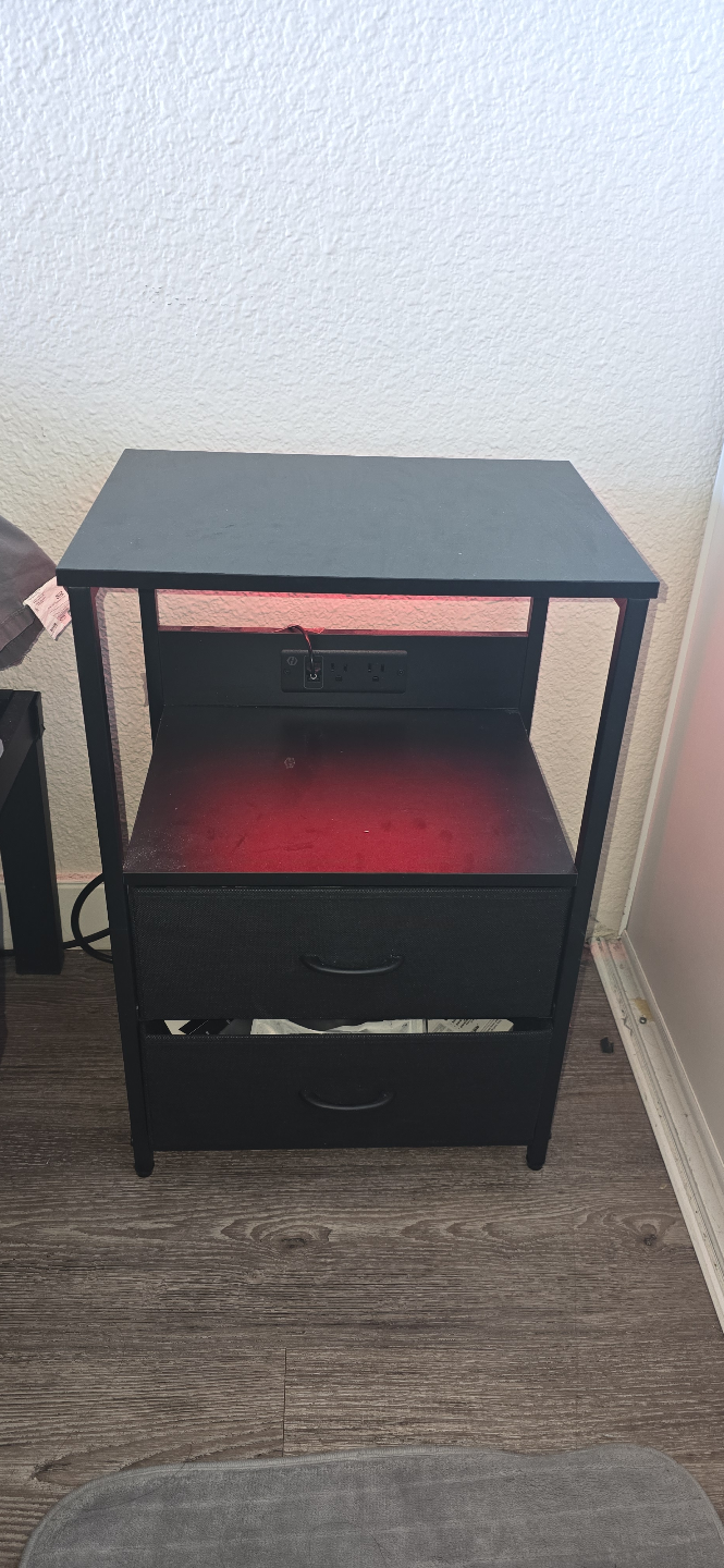 2 Black Two-Drawer Nightstand with LED Lights and Outlets