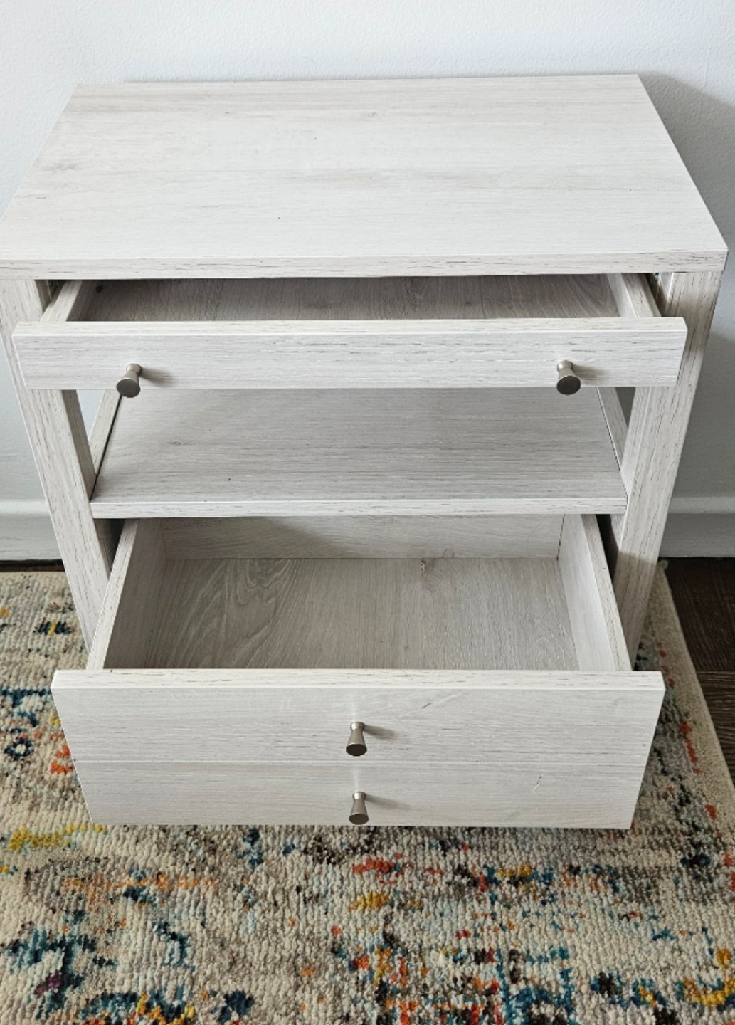 White Wooden Nightstand with Drawers and Shelves - photo 3