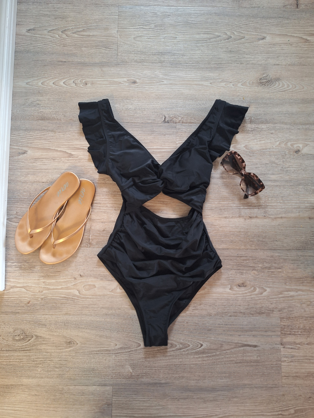 Black Ruffled Cut-Out One-Piece Swimsuit