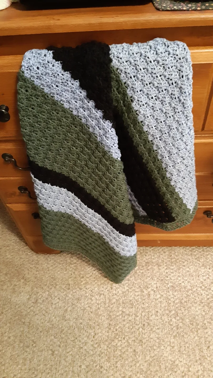 Hand-Crocheted Baby Blanket - Green, Blue, and Black Stripes image indicator(2)